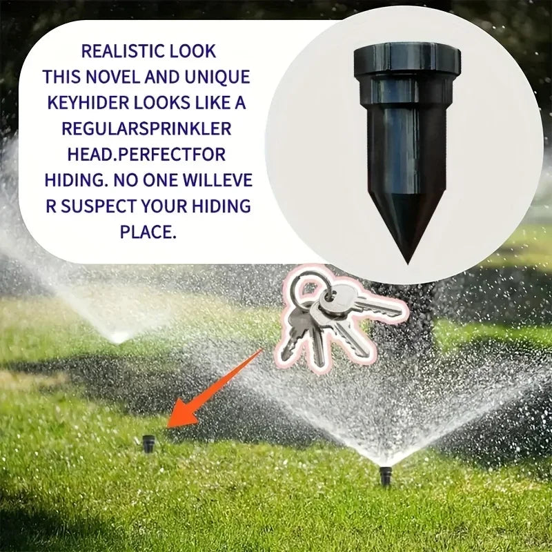 A black sprinkler head is shown spraying water onto green grass, illustrating a hiding place for keys.