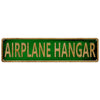 A rectangular green metal tin sign with gold lettering that reads AIRPLANE HANGAR