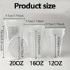 A display of clear disposable plastic cups with lids in various sizes, labeled 20oz, 16oz, and 12oz.