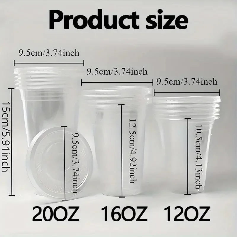 A display of clear disposable plastic cups with lids in various sizes, labeled 20oz, 16oz, and 12oz.