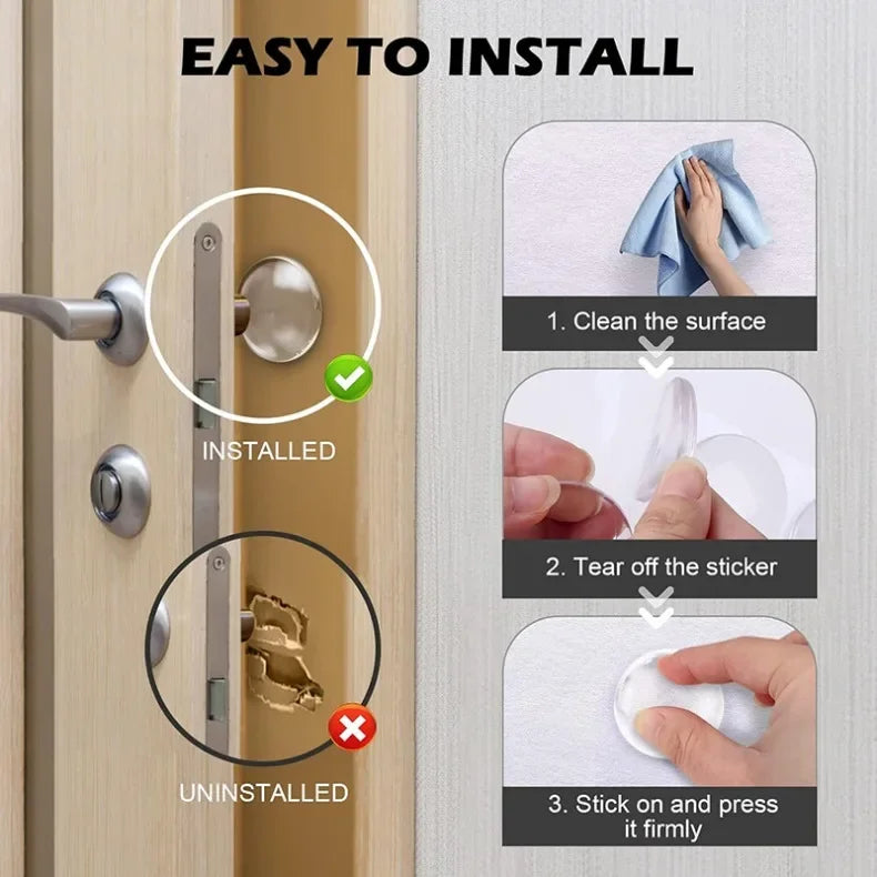Installation guide showing how to install a self-adhesive silicone door stopper bumper on a door frame.