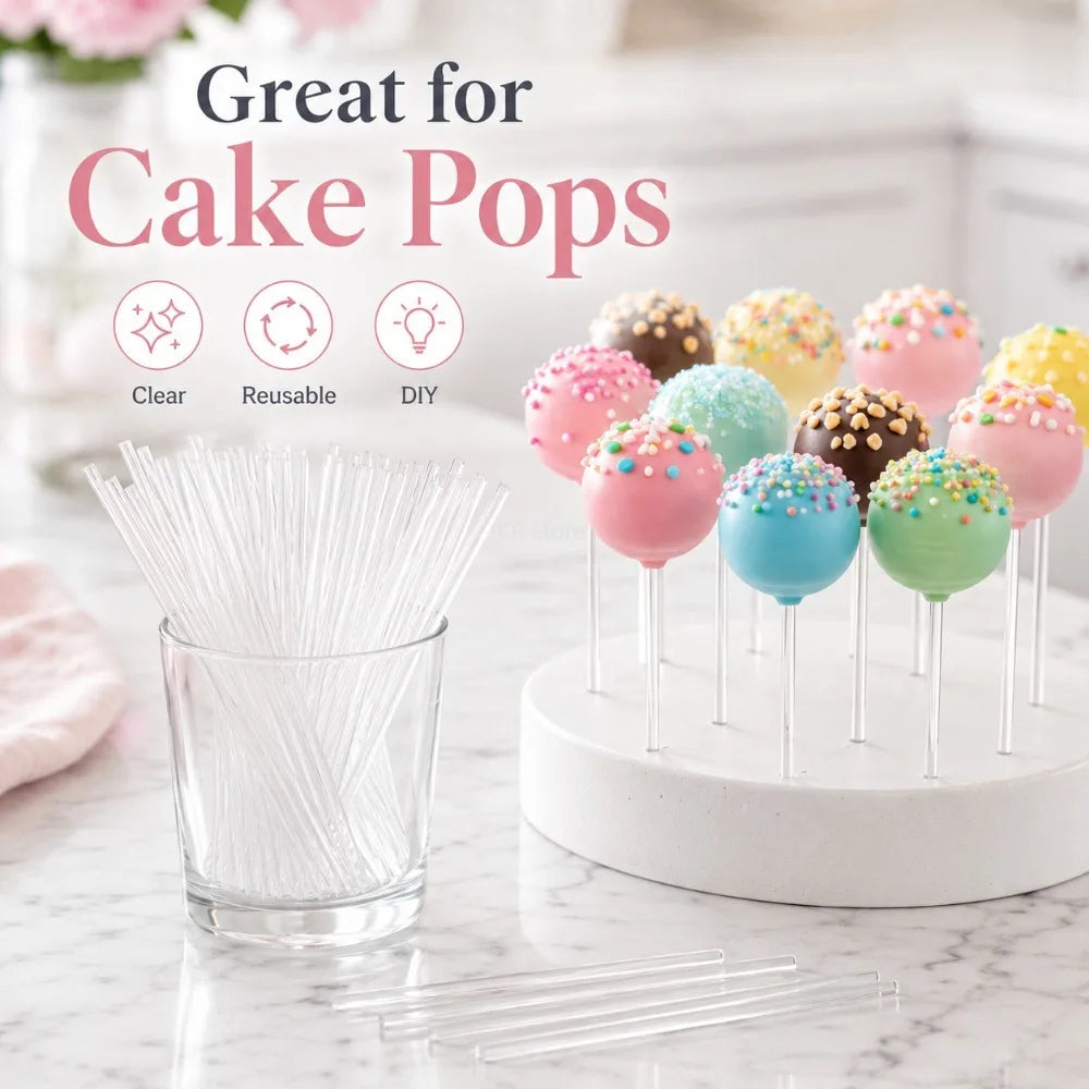 A set of clear acrylic cake pop sticks and toppers for decorating treats.