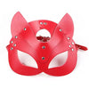 A red fox-eared masquerade mask made of faux leather with silver studs and an adjustable strap.