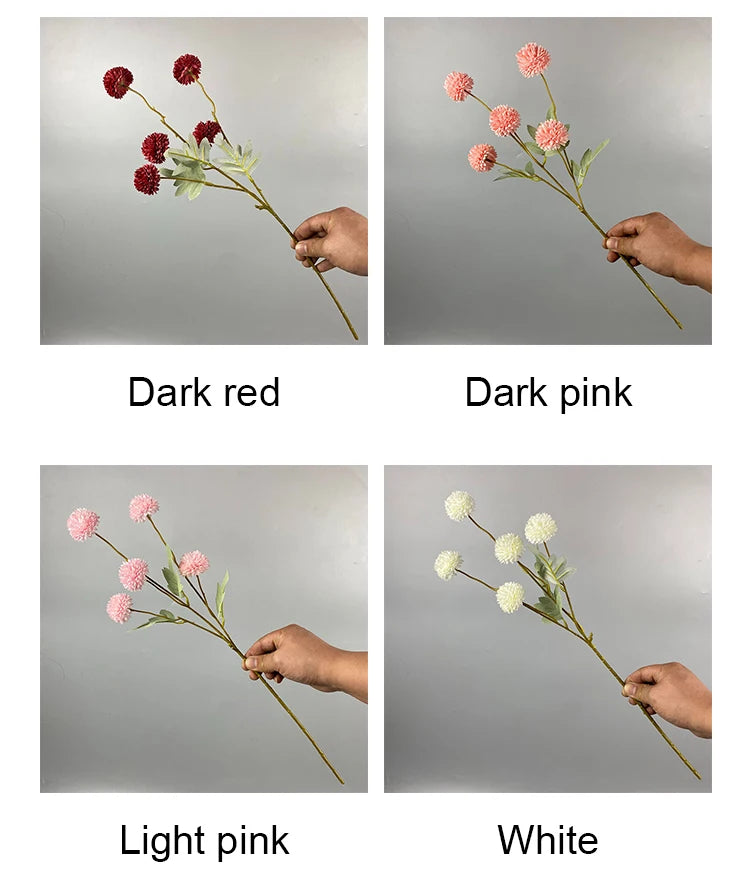 Cuatro variaciones de flores artificiales de crisantemo y diente de león en rojo oscuro, rosa oscuro, rosa claro y blanco.