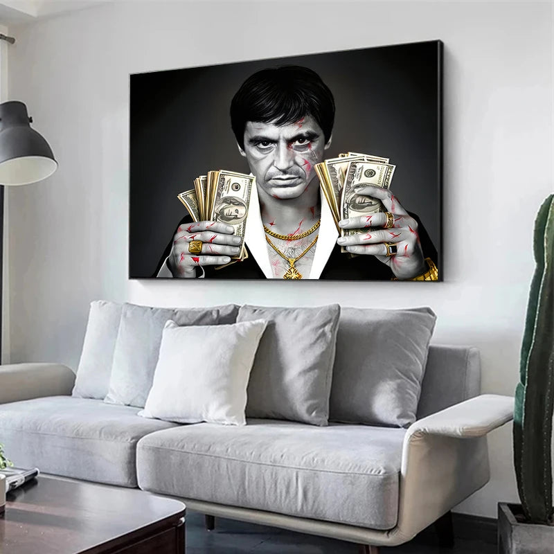 A canvas print featuring a dramatic portrait of a man with facial injuries, inspired by the Scarface movie.