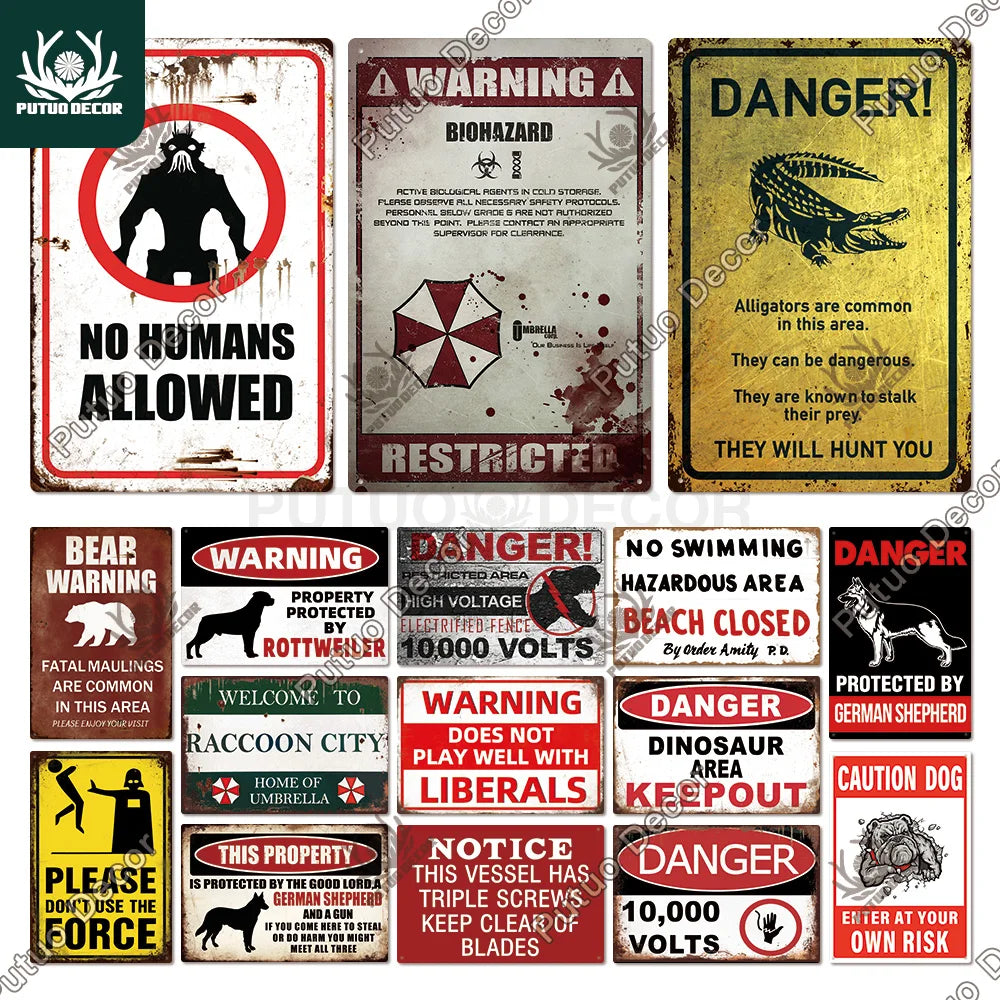 A collection of vintage warning metal signs featuring various dangers like biohazard, danger, and warnings for decor.