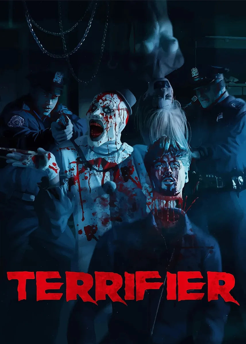 A dark, intense movie poster featuring a bloody, grotesque figure and several shadowy characters.