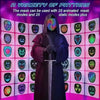 A dark hooded figure stands in front of a grid of various animated and static mask modes.