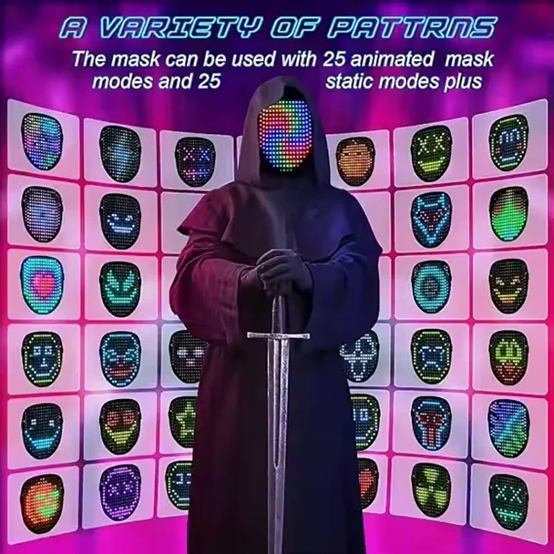 A dark hooded figure stands in front of a grid of various animated and static mask modes.