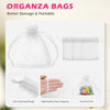 White sheer organza bags with drawstrings showing fine trimming and a sealed pull design