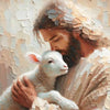 A painting depicting Jesus embracing a lamb, rendered in soft, textured brushstrokes.