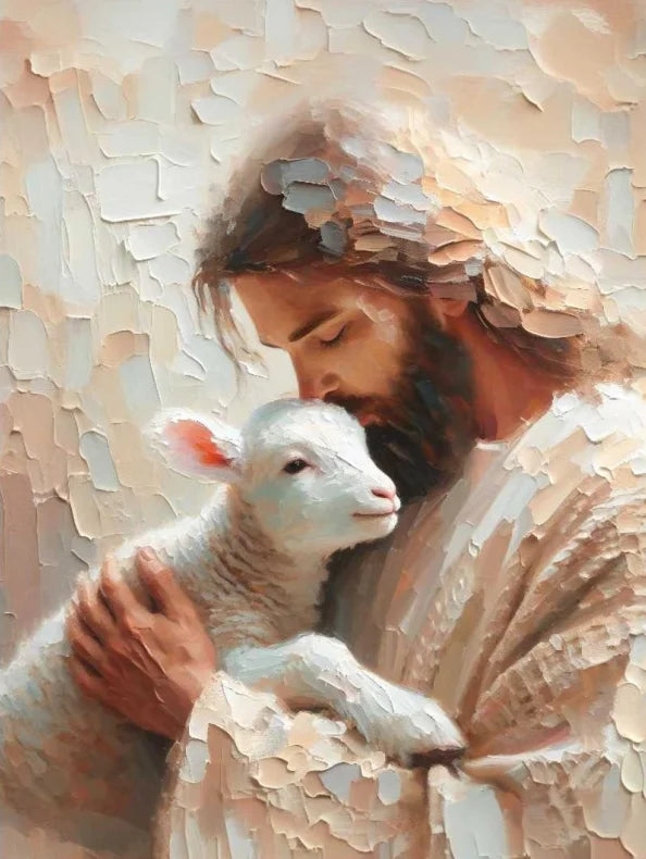 A painting depicting Jesus embracing a lamb, rendered in soft, textured brushstrokes.