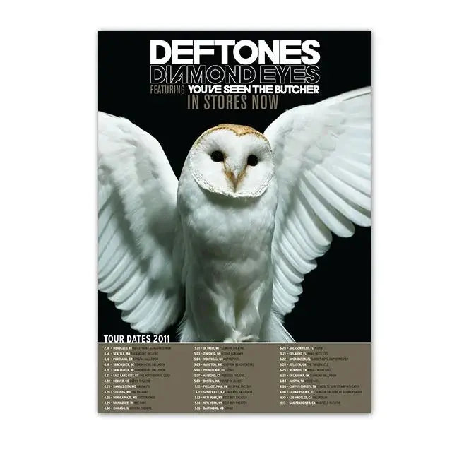 A black and white concert poster for Deftones Diamond Eyes featuring tour dates.