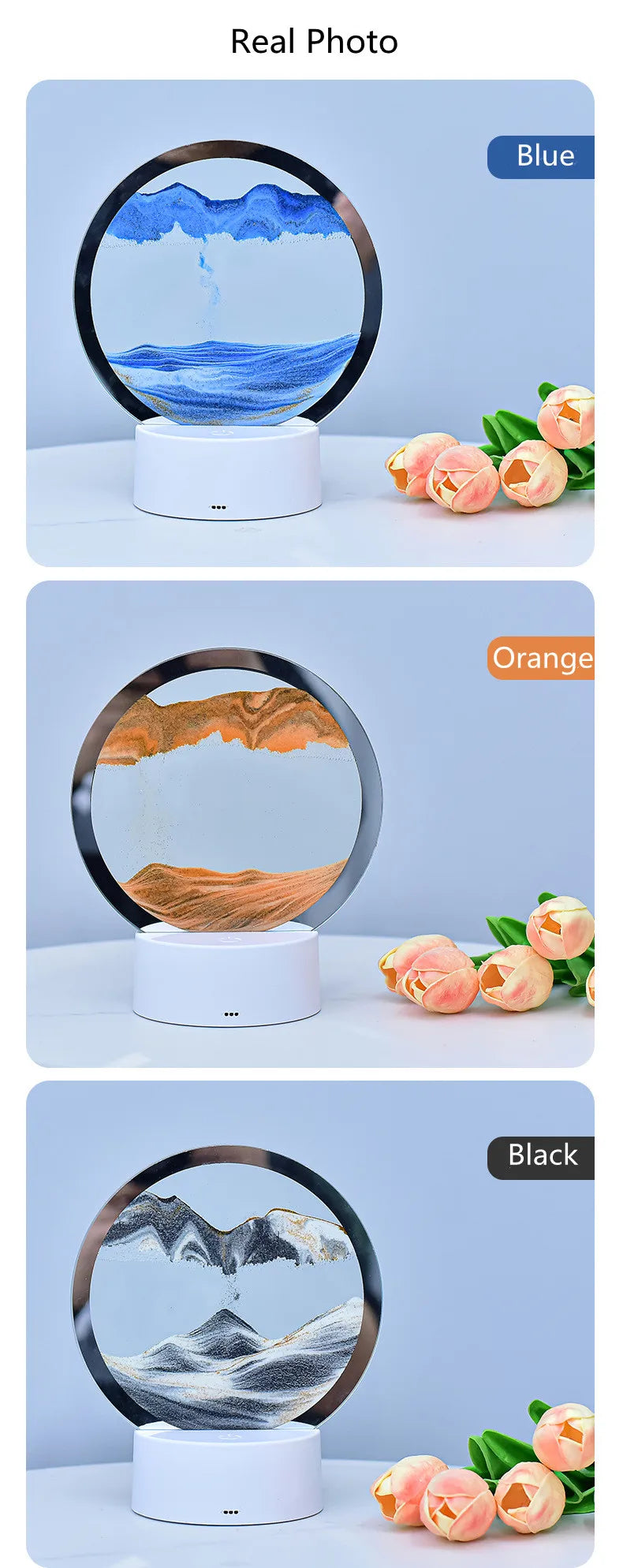 A set of three LED table lamps displaying blue, orange, and black colors with sand-like textures.