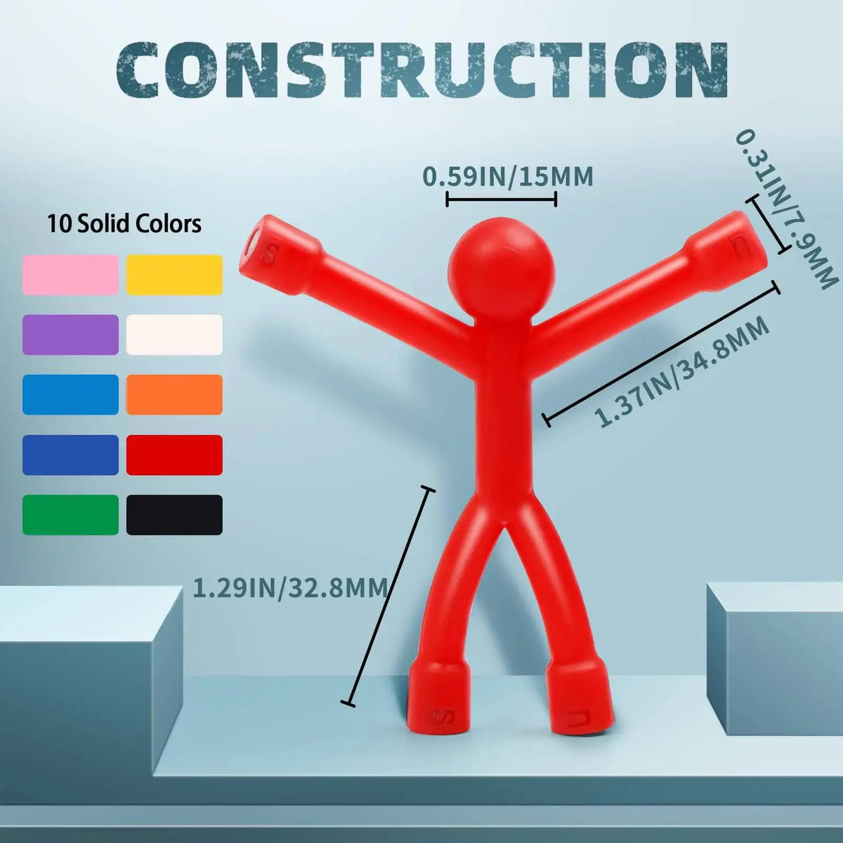 A red humanoid silicone figure with outstretched arms, displayed against a light blue background.