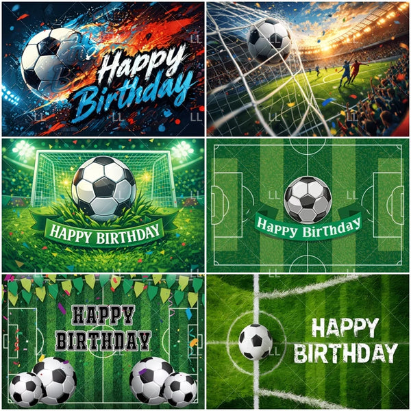 A collage of soccer balls and green field backgrounds with Happy Birthday text for a party backdrop.