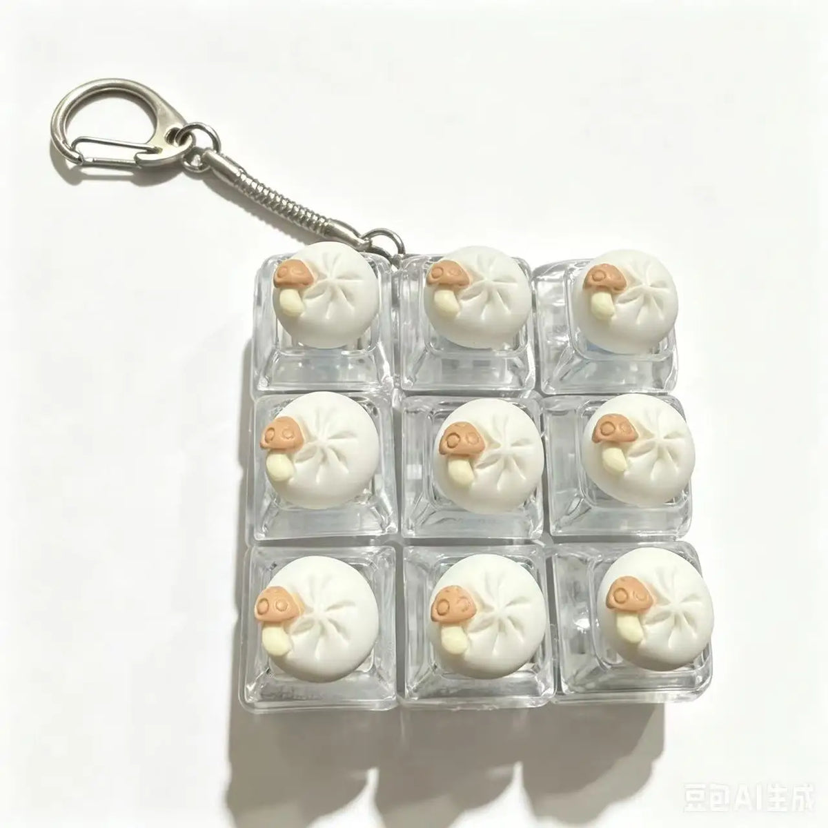 Una funda de plástico transparente contiene múltiples dumplings blancos táctiles con forma de alimentos pequeños, sujetos a u
