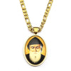 A gold-toned chain necklace with an oval pendant featuring a portrait of Saint Charbel.
