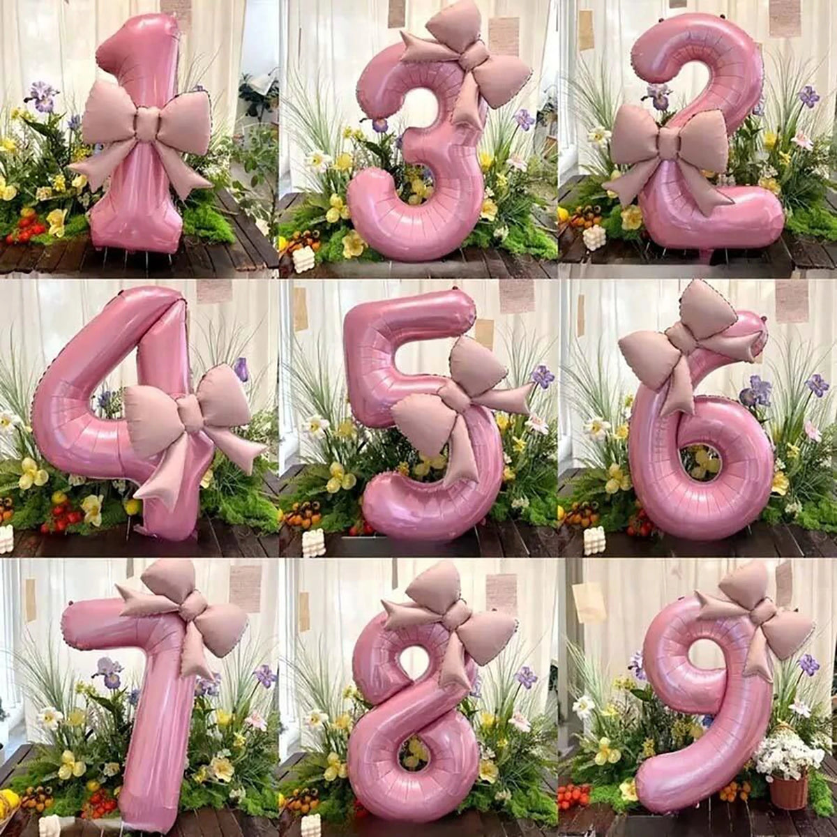 A set of pink 32-inch number balloons shaped like the numbers 1 through 9 with matte bow decor displayed in a floral arrangem