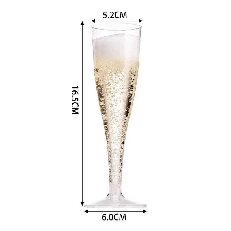 A tall, clear plastic champagne flute with a glittery texture and a wide base.