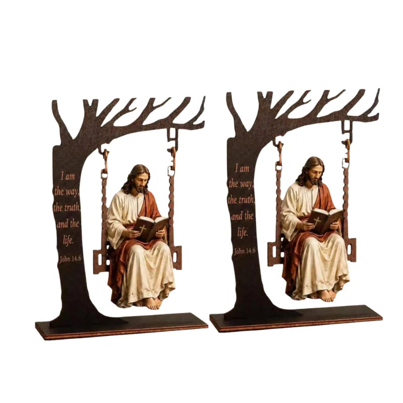 Wooden swing tabletop décor featuring Jesus with a Bible verse on a dark background.