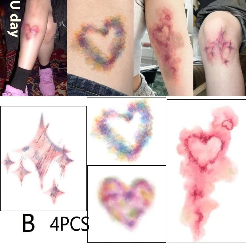 A set of realistic bruise and scar temporary tattoos featuring heart designs on skin.
