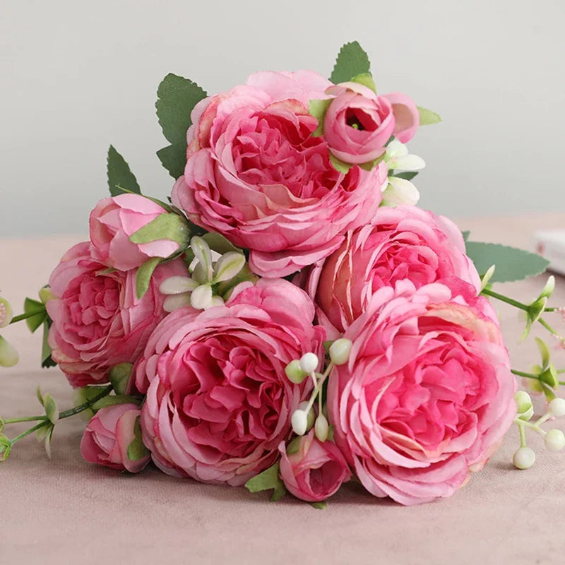 Silk Peony Artificial Flower Bouquet – 5 Blooms & 4 Buds in Rose Pink