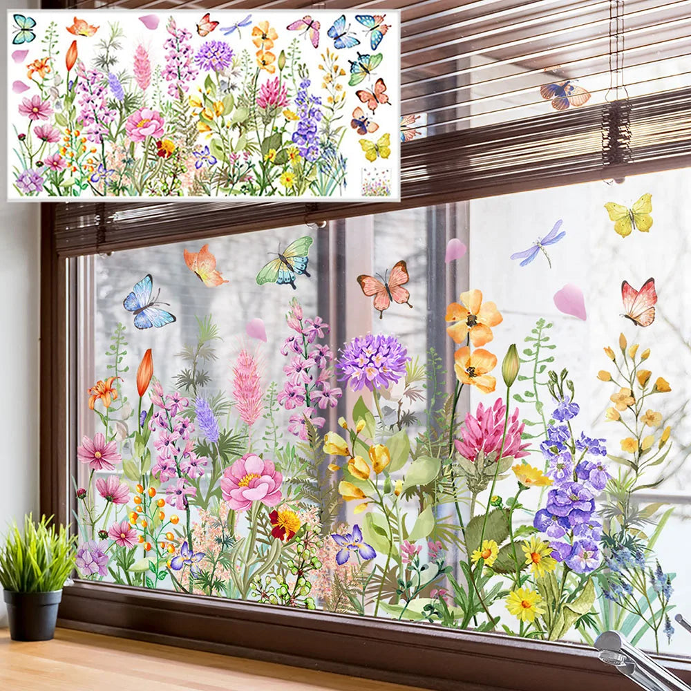 A window features colorful butterfly and flower decals, showcasing vibrant floral patterns on glass.