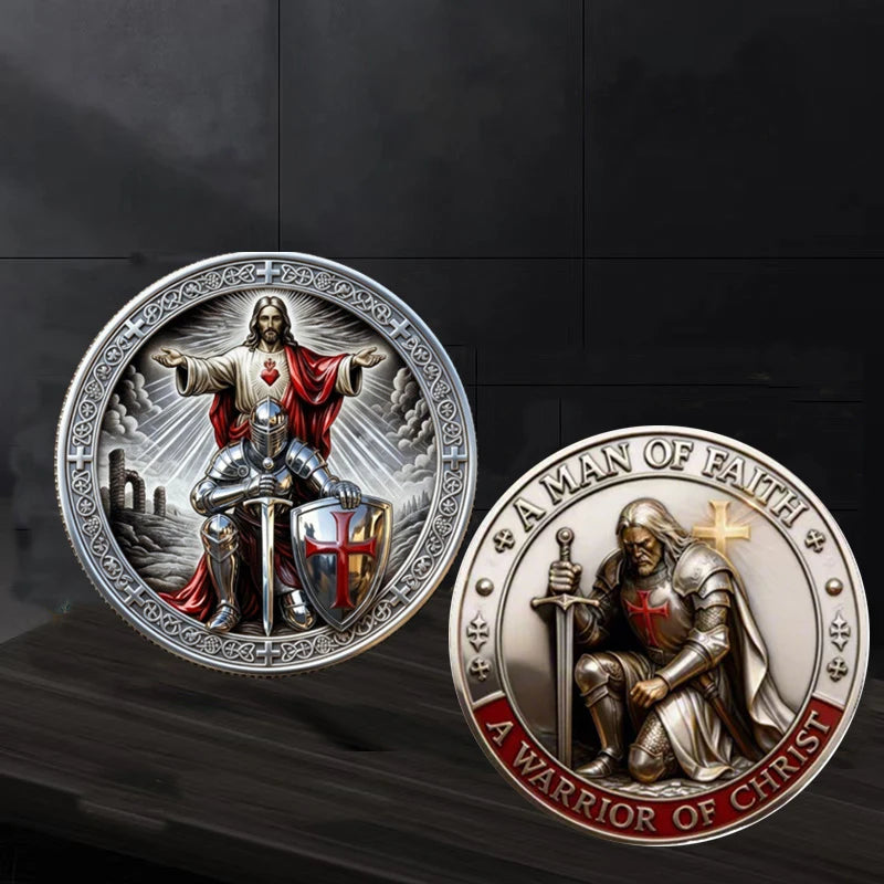 A challenge coin featuring a depiction of a knight in armor and a cross surrounded by intricate designs.