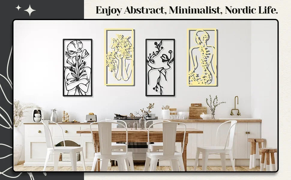 A set of four black and yellow abstract female line art prints displayed on a white wall above a wooden dining table.