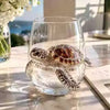 A small, textured green and brown sea turtle rests inside a clear glass wine goblet on a white surface.