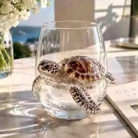 A small, textured green and brown sea turtle rests inside a clear glass wine goblet on a white surface.