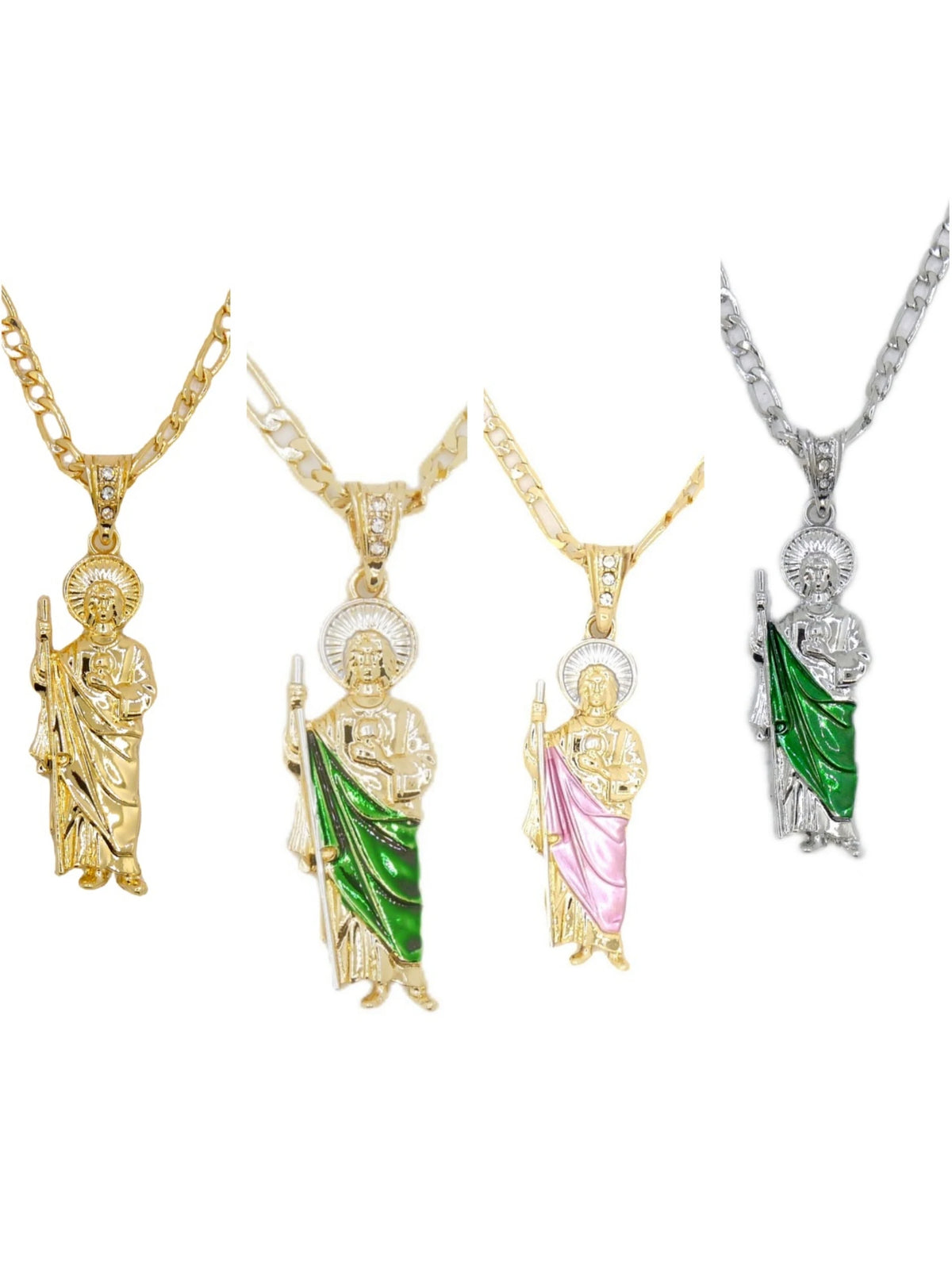 A set of four Saint Jude pendant necklaces featuring figures in gold and silver finishes.
