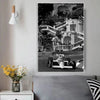 Black and white vintage formula grand prix racing poster canvas print featuring a race car and architectural elements.
