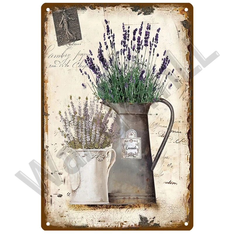 A vintage metal sign featuring a potted lavender plant in a rustic vase against a distressed background.