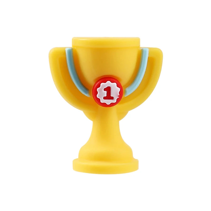 Yellow silicone trophy shaped like a cup with a red number one emblem and blue trim