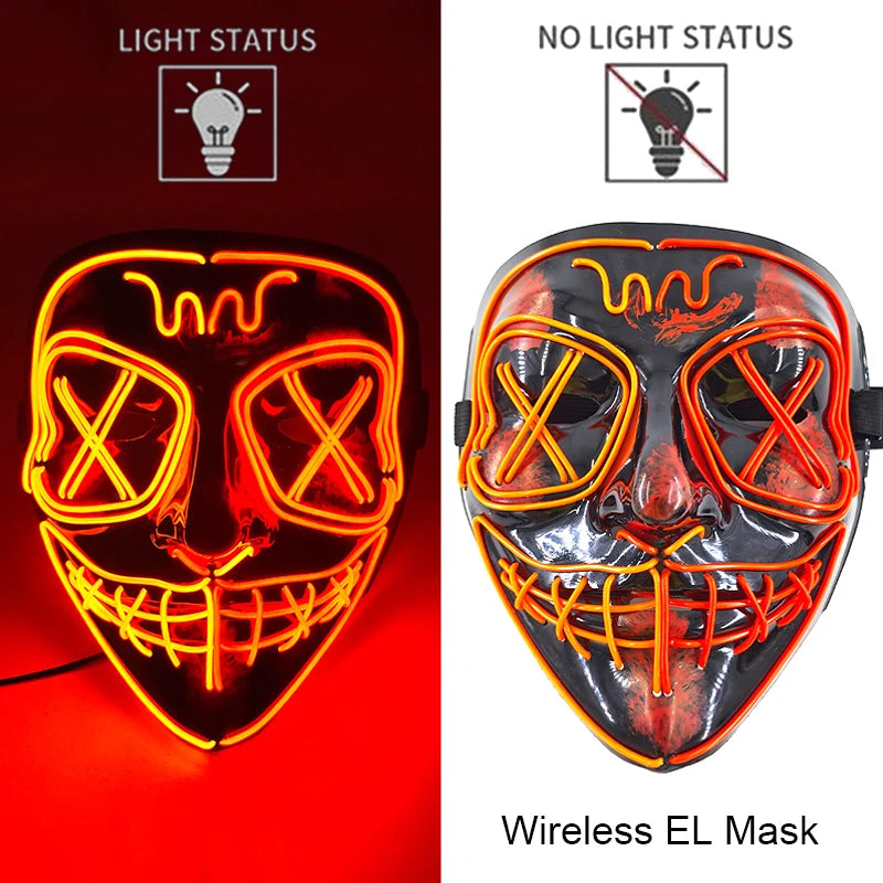 A close-up view of a glowing LED Halloween mask with orange and red lights, showing both light status and no light status opt
