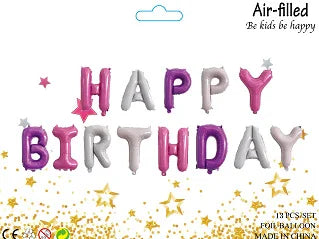 A set of thirteen foil letter birthday balloons spelling out HAPPY BIRTHDAY
