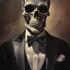 A painting of a white skull portrait on a canvas, set against a dark background.