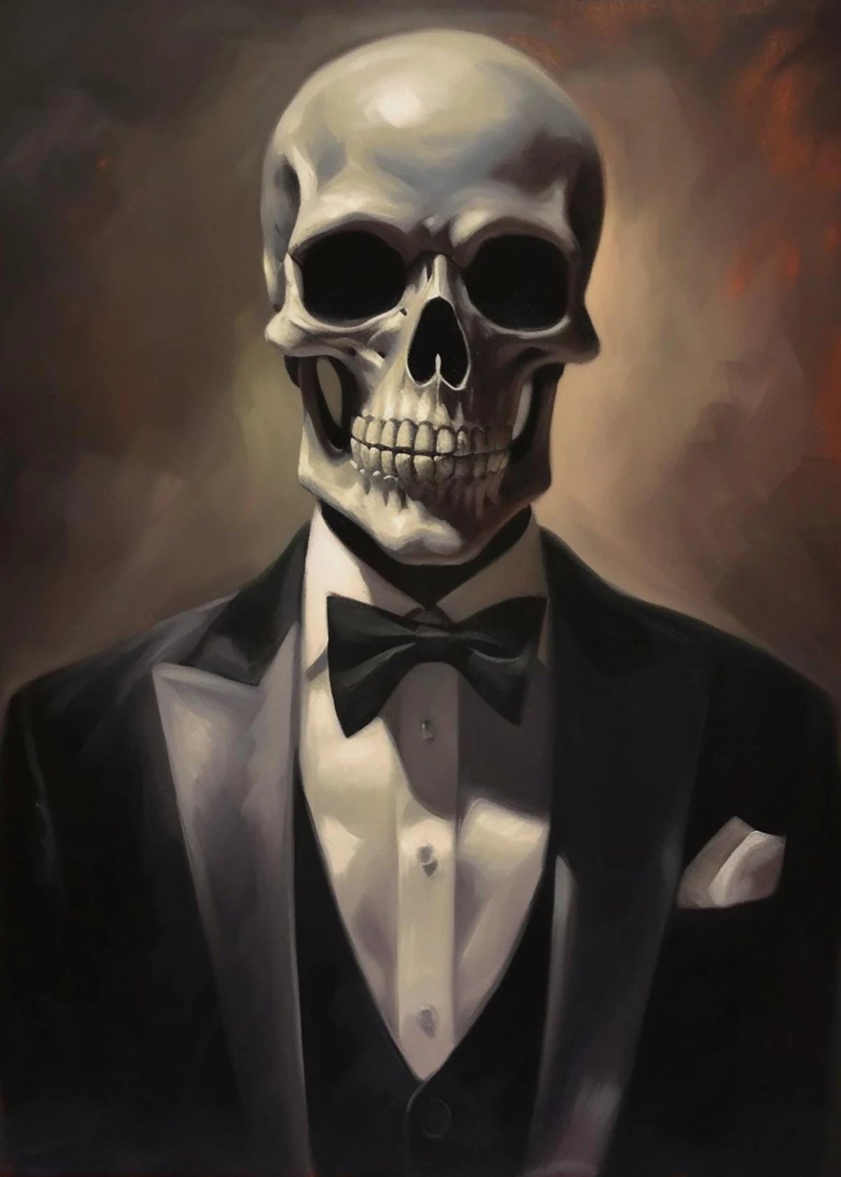 A painting of a white skull portrait on a canvas, set against a dark background.