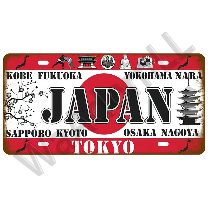 Vintage metal tin sign featuring major Japanese cities and regions like Kobe, Tokyo, Kyoto, and Osaka.