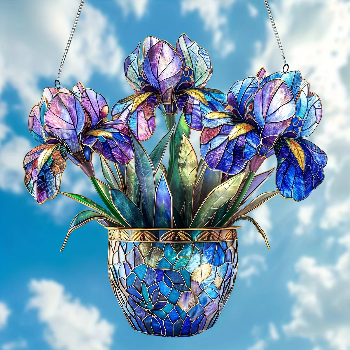 A vibrant acrylic floral pendant featuring purple and blue flowers suspended by a chain.