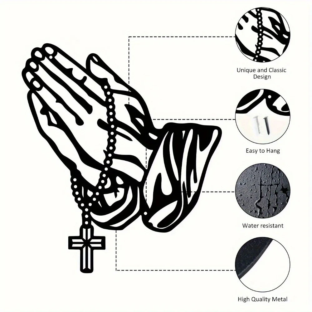 Black metal prayer cross wall art featuring an open hand design, highlighting its unique and classic design, ease to hang, wa