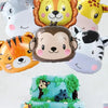 A collection of foil balloons featuring cartoon jungle safari animals like a monkey, tiger, and lion.