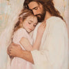 A painting depicting Jesus embracing a young girl, rendered in soft pinks and warm browns.