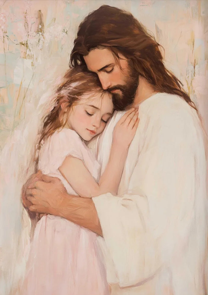 A painting depicting Jesus embracing a young girl, rendered in soft pinks and warm browns.