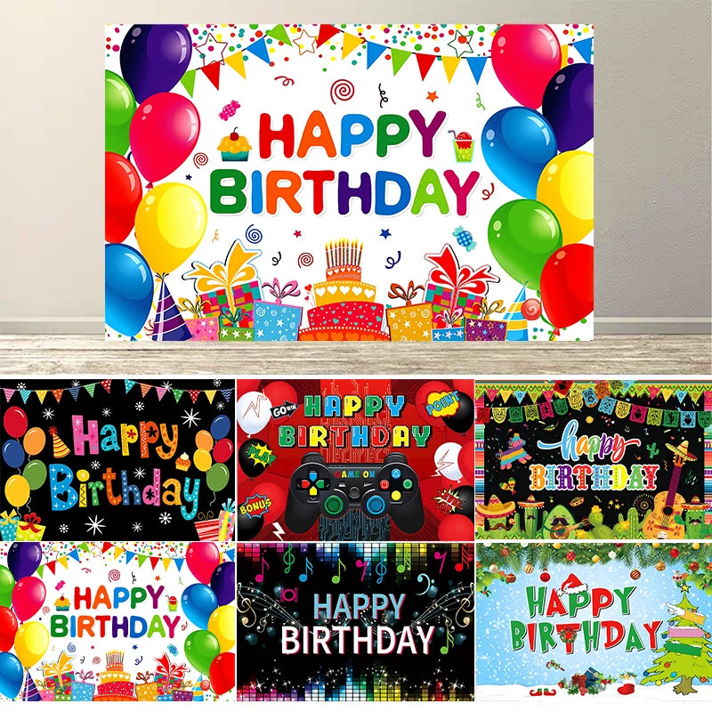 Un colorido fondo de cumpleaños con globos, pastel y confeti en colores vibrantes.