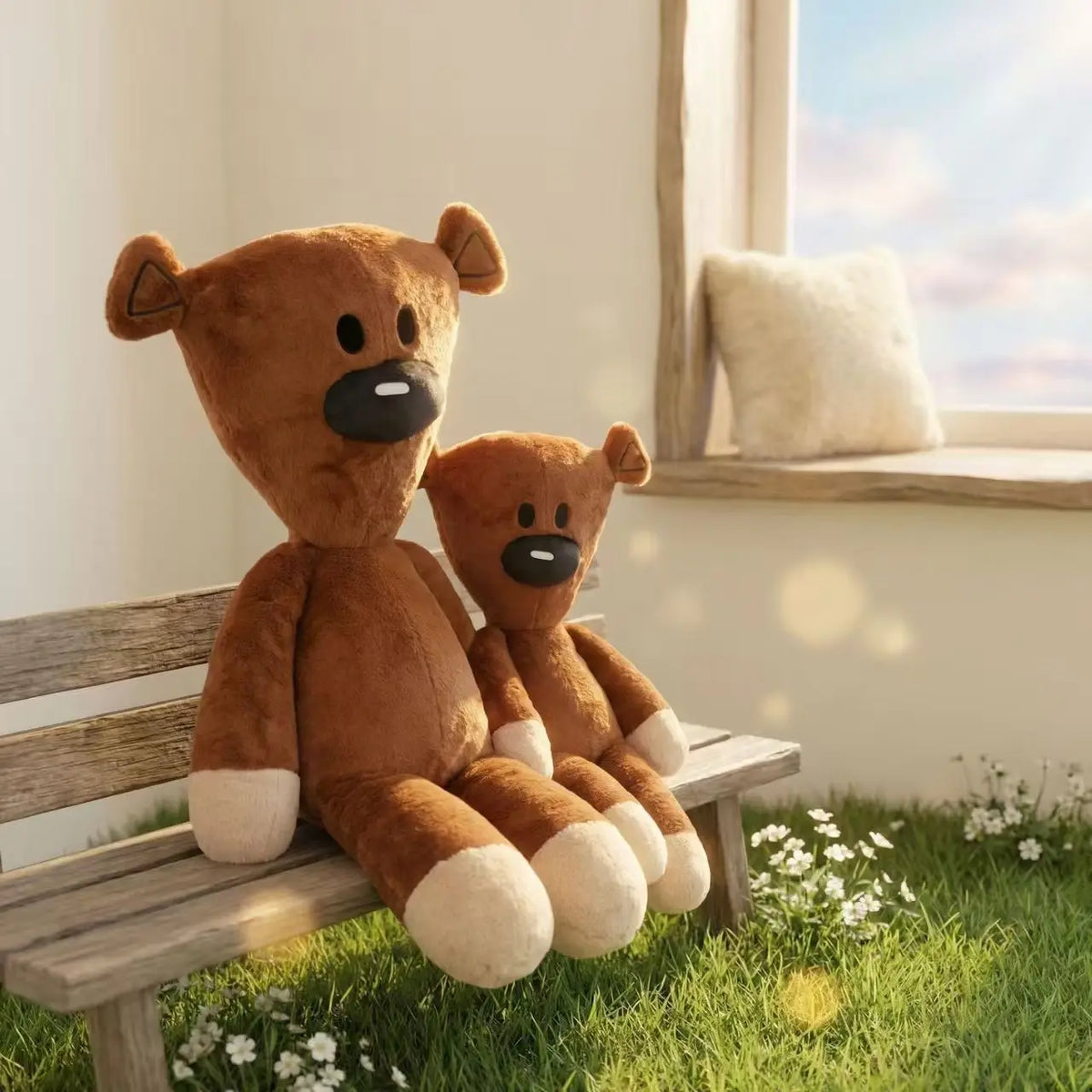 Two brown teddy bears sitting on a wooden bench in a bright room with a window view.