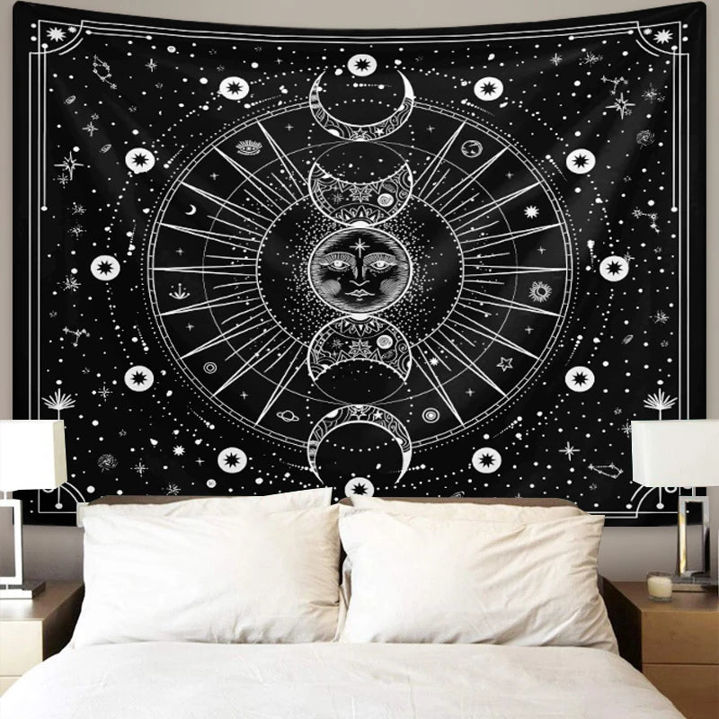 A black tapestry wall hanging featuring a white psychedelic sun and moon mandala design.