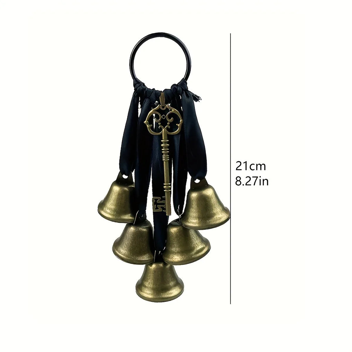 Decorative metal wind chimes featuring gold-toned bells and a dark fabric tassel hanging from a loop.